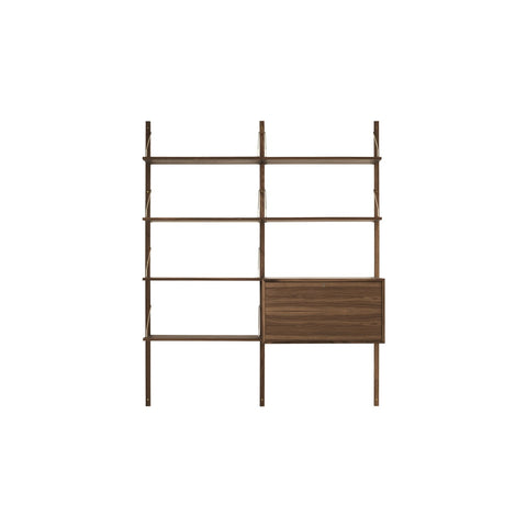 DK3 Royal System Shelving 2 Bay with Drop-Front Cabinet in Walnut and Brass, walnut wall shelving, cabinet closed, front view on white
