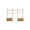 DK3 Royal System Shelving 3 Bay with Drawers and Lower Cabinet in Oiled Oak and Stainless Steel, oak wall shelving, front view on white