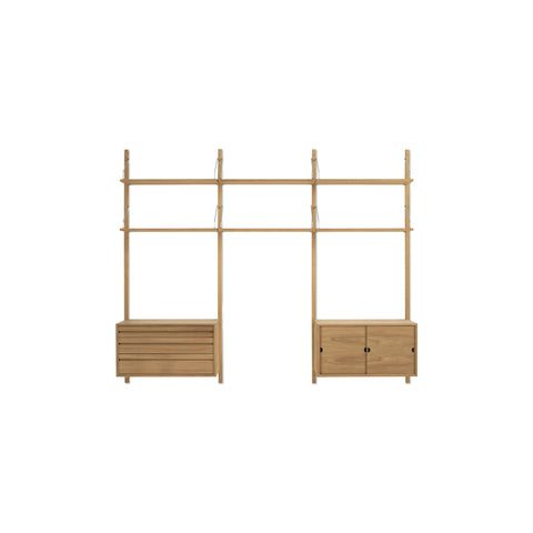 DK3 Royal System Shelving 3 Bay with Drawers and Lower Cabinet in Oiled Oak and Stainless Steel, oak wall shelving, front view on white