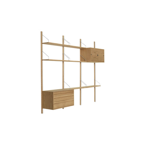 DK3 Royal System Shelving 3 Bay with Drawers and Upper Cabinet in Oiled Oak and Stainless Steel, oak wall shelving, angled view on white