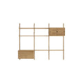 DK3 Royal System Shelving 3 Bay with Drawers and Upper Cabinet in Oiled Oak and Stainless Steel, oak wall shelving, front view on white