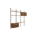 DK3 Royal System Shelving 3 Bay with Drawers and Upper Cabinet in Walnut and Brass, walnut wall shelving with cabinets, angled view on white