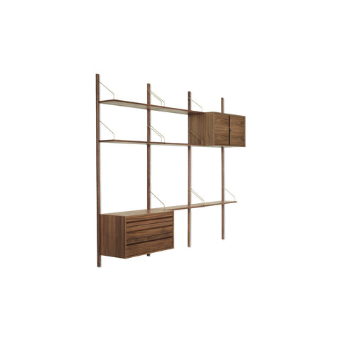 DK3 Royal System Shelving 3 Bay with Drawers and Upper Cabinet in Walnut and Brass, walnut wall shelving with cabinets, angled view on white