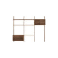 DK3 Royal System Shelving 3 Bay with Drawers and Upper Cabinet in Walnut and Brass, walnut wall shelving with cabinets, front view on white