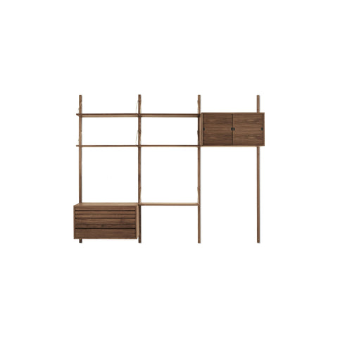 DK3 Royal System Shelving 3 Bay with Drawers and Upper Cabinet in Walnut and Brass, walnut wall shelving with cabinets, front view on white