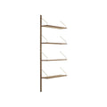 DK3 Royal System Shelving Add-On Bay in Walnut and Brass, walnut wall shelving, one rail with four shelves on brass hangers, angled view on white
