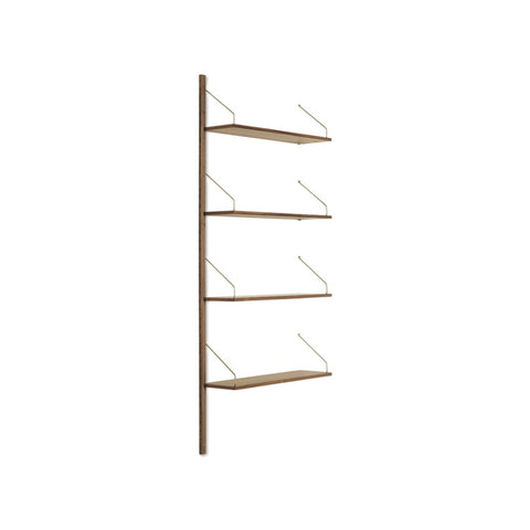 DK3 Royal System Shelving Add-On Bay in Walnut and Brass, walnut wall shelving, one rail with four shelves on brass hangers, angled view on white