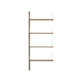 DK3 Royal System Shelving Add-On Bay in Walnut and Brass, walnut wall shelving, one rail with four shelves on brass hangers, front view on white