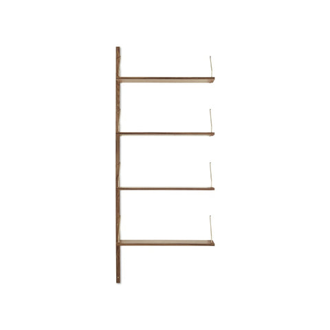 DK3 Royal System Shelving Add-On Bay in Walnut and Brass, walnut wall shelving, one rail with four shelves on brass hangers, front view on white