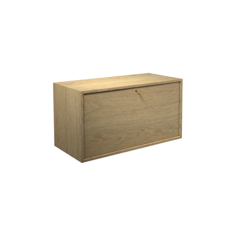 DK3 Royal System cabinet with a bar and desk drop-front in lacquered oak, on a white background