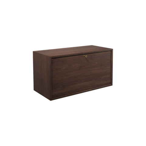 DK3 Royal System cabinet with a bar and desk drop-front in walnut, on a white background