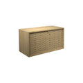 DK3 Royal System cabinet with a bar and desk drop-front, woven wood front and a premounted workstation in lacquered oak, on a white background