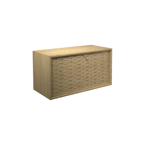 DK3 Royal System cabinet with a bar and desk drop-front, woven wood front and a premounted workstation in lacquered oak, on a white background