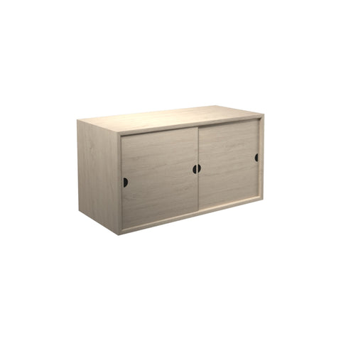 DK3 Royal System cabinet with two sliding wood doors in soaped oak, on a white background