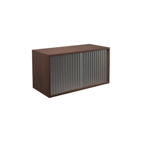DK3 Royal System cabinet with two sliding rippled glass doors in walnut, on a white background