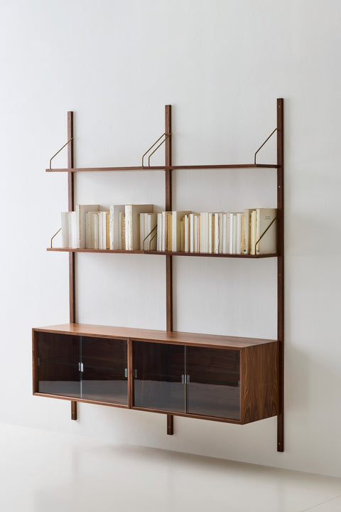 DK3 Royal System walnut cabinet with two sliding glass doors below walnut shelves