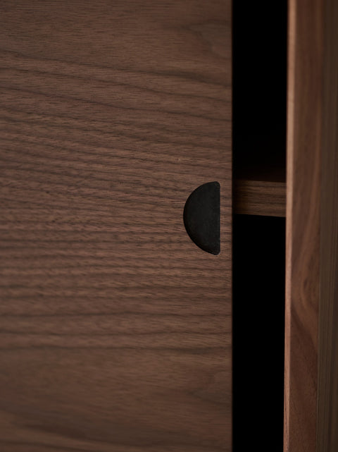 DK3 Royal System walnut cabinet with a sliding door open, close view