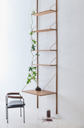 DK3 Royal System tall walnut shelving with brass hangers, a desk shelf and a Baia Chair