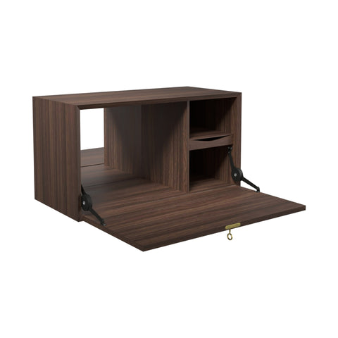 DK3 System Cado cabinet with a bar and desk drop-front, mirror and shelf in smoked oak, on a white background