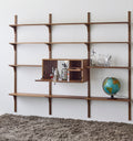 DK3 System Cado smoked oak drop-front cabinet with mirror and shelf, open, beside a globe