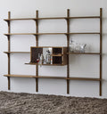 DK3 System Cado drop-front cabinet with mirror and shelf in smoked oak, open as a bar on a smoked oak shelving wall