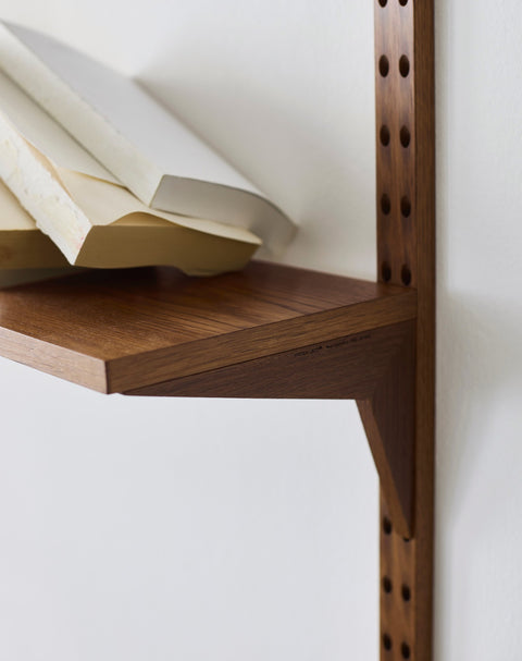 DK3 System Cado smoked oak shelf and rail with books, close view