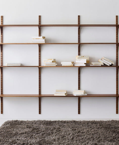 DK3 System Cado shelves in smoked oak on wall rails, front view