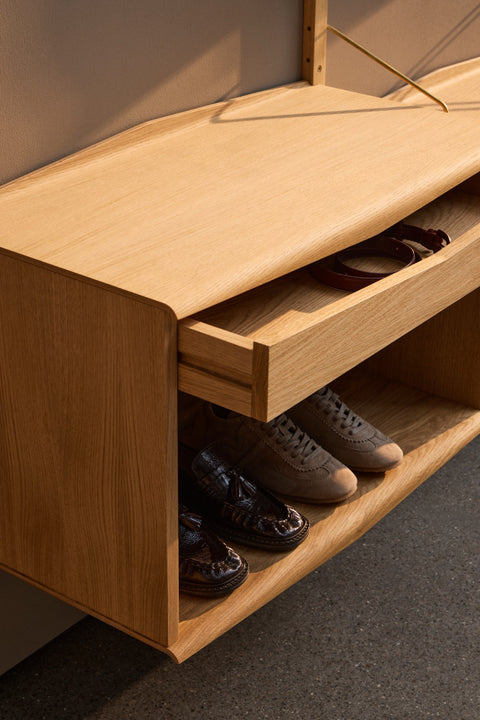DK3 System Ultra open cabinet with one drawer in oiled oak, shoes below