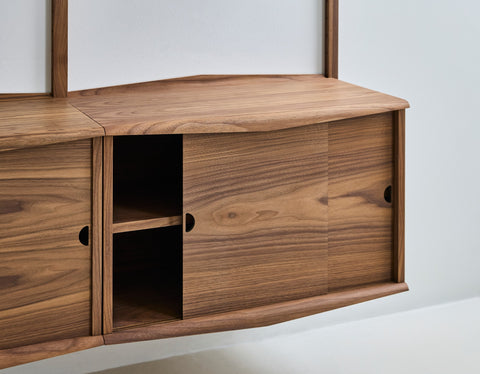 DK3 System Ultra walnut cabinet with one sliding door open