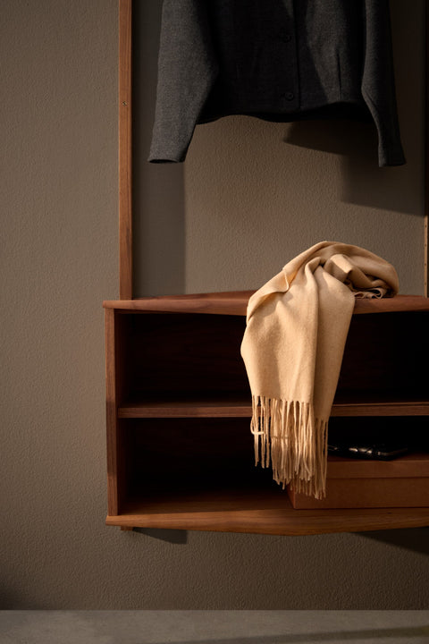 DK3 System Ultra open walnut cabinet with an adjustable shelf, a scarf and a coat