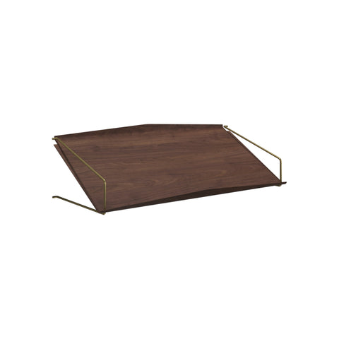 DK3 System Ultra magazine and shoe shelf in walnut, on a white background
