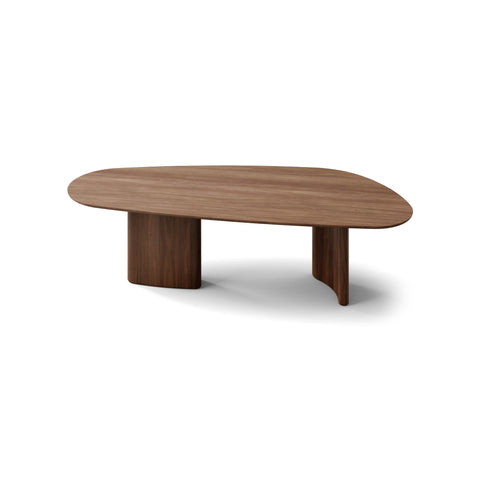 DK3 Tangent Table Rectangular in Lacquered Walnut, solid wood dining table with an asymmetrical top and sculptural base, angled view on white