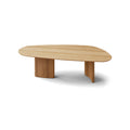 DK3 Tangent Table Rectangular in Oiled Oak, solid wood dining table with an asymmetrical top and sculptural base, angled view on white