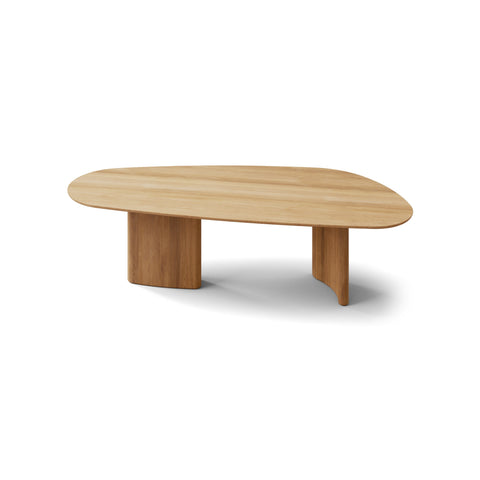 DK3 Tangent Table Rectangular in Oiled Oak, solid wood dining table with an asymmetrical top and sculptural base, angled view on white