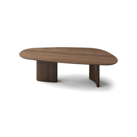 DK3 Tangent Table Rectangular in Smoked Oak, solid wood dining table with an asymmetrical top and sculptural base, angled view on white