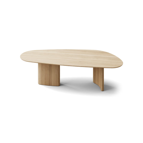 DK3 Tangent Table Rectangular in White Oiled Oak, solid wood dining table with an asymmetrical top and sculptural base, angled view on white