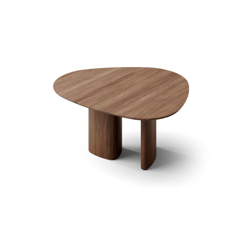 DK3 Tangent Table Round in Lacquered Walnut, extendable solid wood dining table with an asymmetrical top, angled view on white