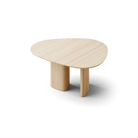 DK3 Tangent Table Round in Soaped Oak, extendable solid wood dining table with an asymmetrical top, angled view on white