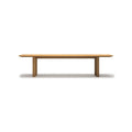 DK3 Ten Bench in Oiled Oak, solid wood dining bench with grooved legs and a curved top, side view on white