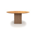 DK3 Ten Table Round in Oiled Oak, round solid wood dining table on a grooved cube base, front view on white