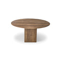 DK3 Ten Table Round in Smoked Oak, round solid wood dining table on a grooved cube base, front view on white