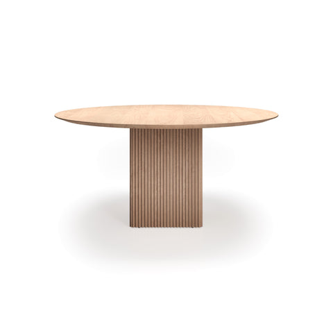 DK3 Ten Table Round in Soaped Oak, round solid wood dining table on a grooved cube base, front view on white
