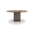 DK3 Ten Table Round in Walnut, round solid wood dining table on a grooved cube base, front view on white