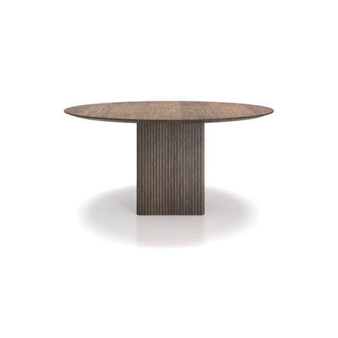 DK3 Ten Table Round in Walnut, round solid wood dining table on a grooved cube base, front view on white