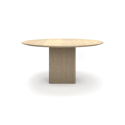 DK3 Ten Table Round in White Oiled Oak, round solid wood dining table on a grooved cube base, front view on white