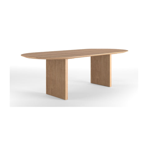 DK3 Ten Table Oval in oiled oak, three quarter view of the oval top and wooden legs, on a white background