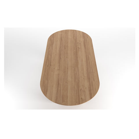 DK3 Ten Table Oval in oiled oak, close end view of the solid wood leg and table edge, on a white background
