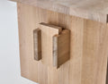 DK3 Jeppe Utzon Table #2 in soaped oak, close view of the wedged joint in the base