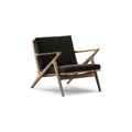 DK3 Z Chair in Balmoral Black 99 and Walnut, fabric lounge chair with a Z-shaped solid wood frame, angled view on white