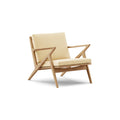 DK3 Z Chair in Balmoral White 02 and Oiled Oak, fabric lounge chair with a Z-shaped solid wood frame, angled view on white